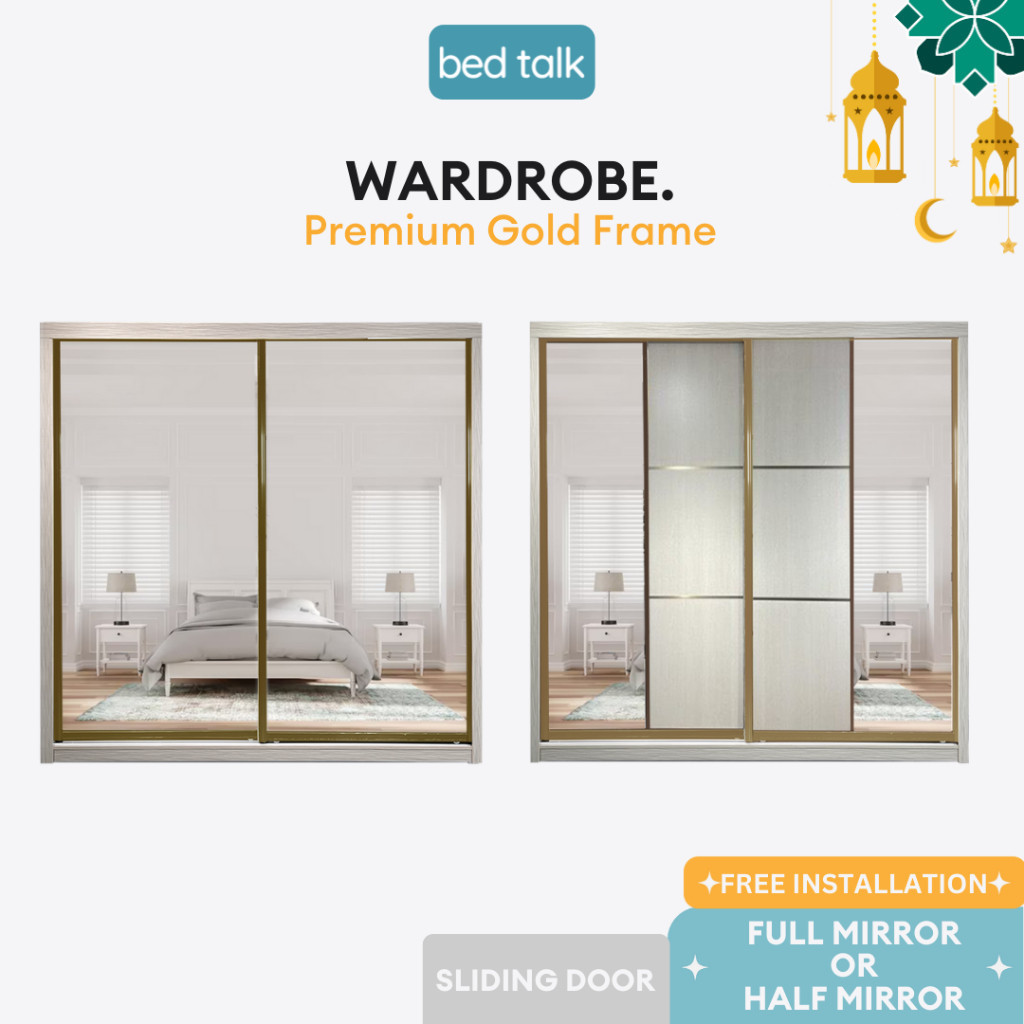 🔥 New Arrival 🔥 Full & Half Mirror Gold Frame 6x8, 8x8 Anti Jump Sliding Door Wardrobe | Melamine | 