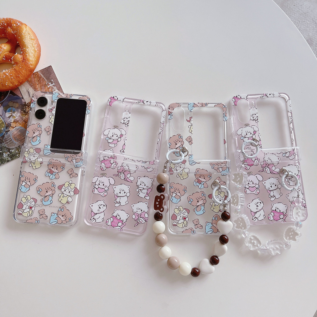 หมีน้อยสีขาวสีน้ําตาลtpuพับเคสโทรศัพท์สําหรับoppo Find N3 FLIP N2 FLIPกลับกันกระแทกปลอกพร้อมจี้