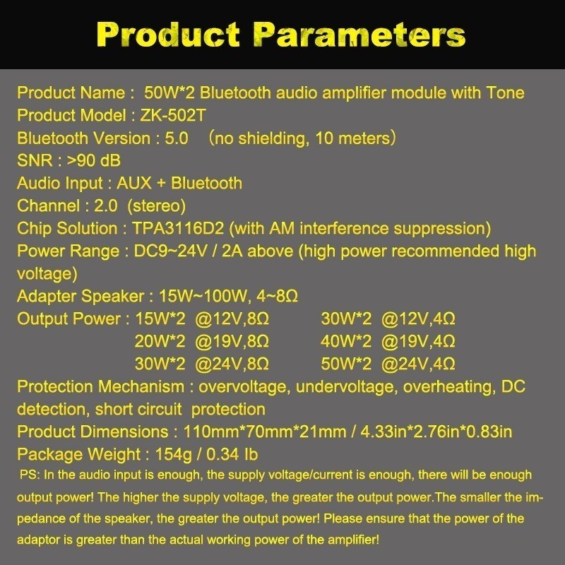 ZK-502T 50W + 50W สเตอริโอเครื่องขยายเสียง, treble และเบส DC 9-24V BT และอินพุต AUX สำหรับ DIY ลำโพงไร้สาย ADM
