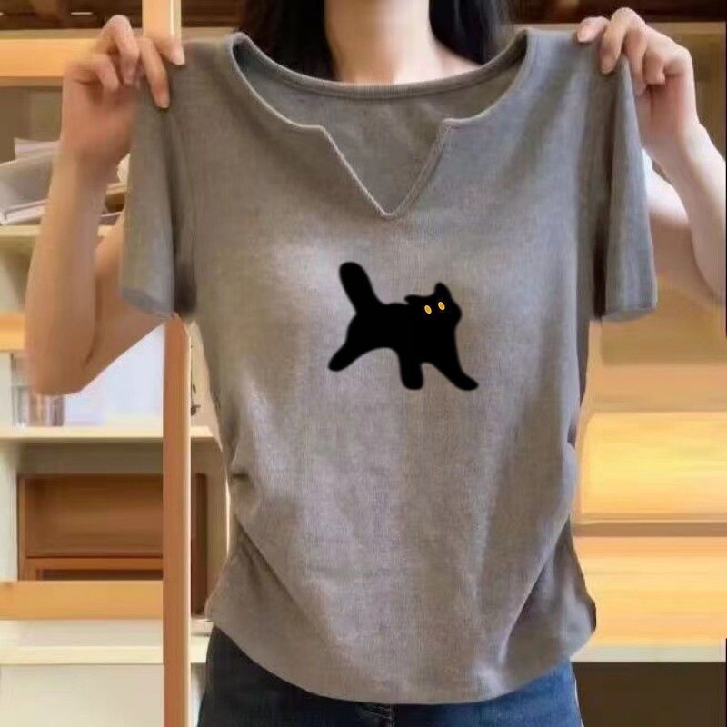 เสื้อยืดพิมพ์ลายคอวีแขนสั้นลําลองสําหรับฤดูร้อนสําหรับผู้หญิง
