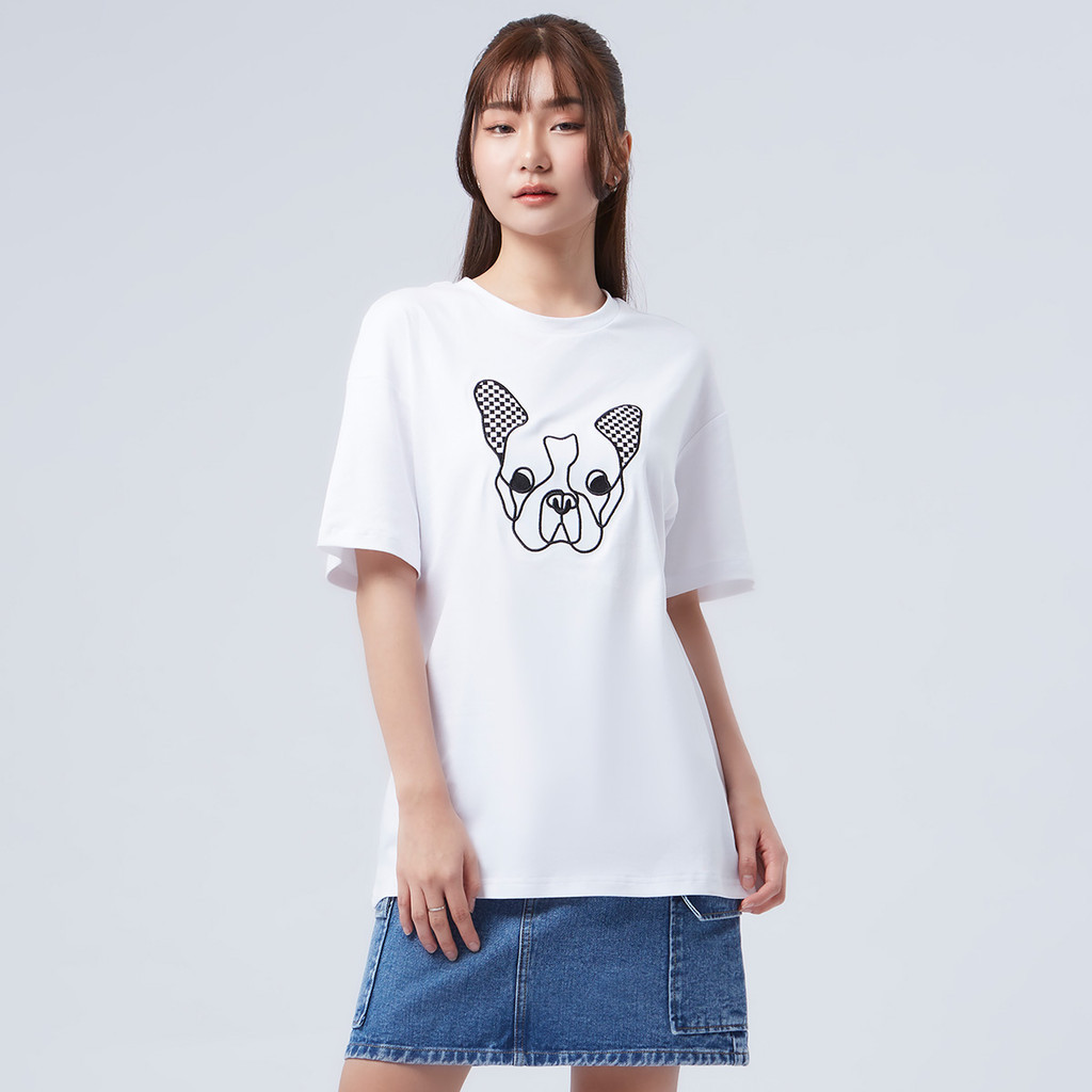 ESP เสื้อเฟรนช์ชี่แต่งลายขนปุย ผู้หญิง สีขาว | Fuwari Embroidery Frenchie Tee-Shirt (Oversized) | 06191