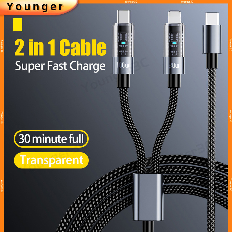 2 In 1 Super Fast สายชาร์จโปร่งใส Dual Head Flash Charger สําหรับ ios15 ประเภท C โทรศัพท์แท็บเล็ตแล็ปท็อป 6A USB C ข้อมูลสาย
