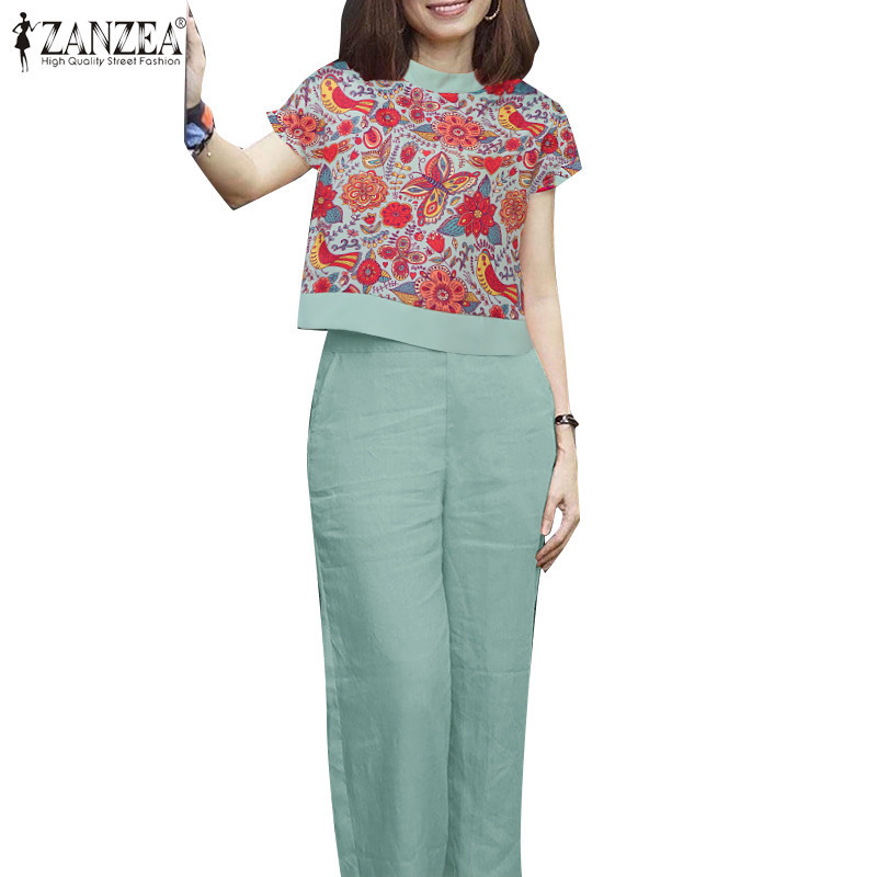 ZANZEA ใส่ ซานเซีย ผู้หญิงเกาหลีพิมพ์ยืนขึ้นปกแขนสั้นกระเป๋าท็อปส์กางเกง