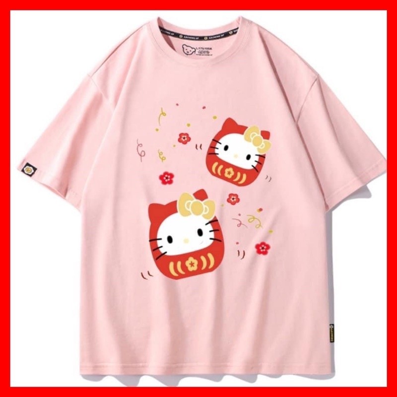 T-ShirtCNY  Cute Cartoon Sanrio Hello Kitty Daruma Unisex Organic Cotton Short Sleeve Tshirt 2023 S-