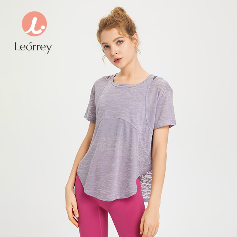 Leorrey-เสื้อผ้าโยคะ เสื้อยืดกีฬาแขนสั้นทรงหลวมสำหรับวิ่ง