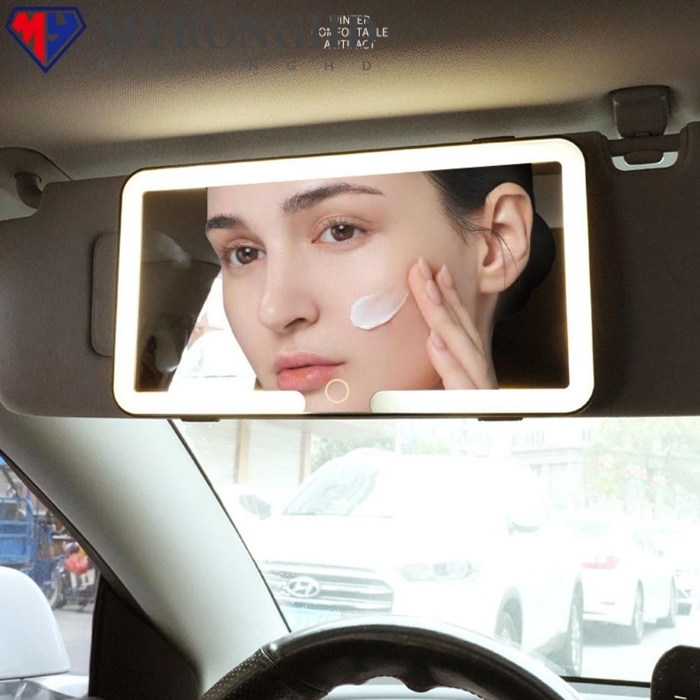 Myronghd กระจก HD ในรถยนต์, กระจกแต่งหน้า LED หรี่แสงได้, กระจกโต๊ะเครื่องแป้งอัตโนมัติหน้าจอสัมผัสอุณหภูมิสามสีสากล