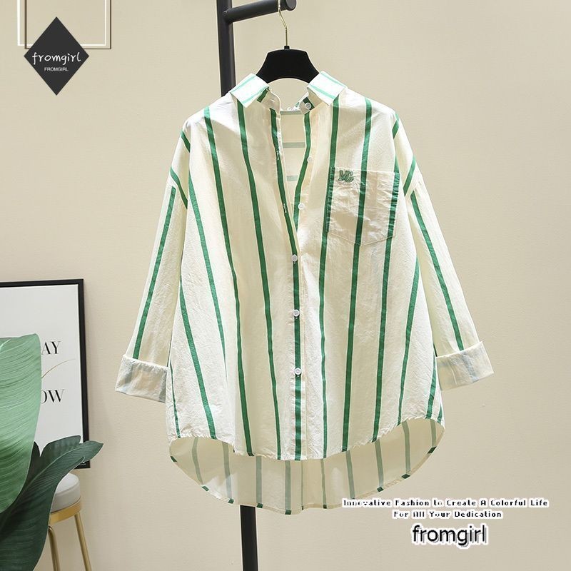 เสื้อเชิ้ตลายสีเขียวผู้หญิง 2025 ฤดูใบไม้ผลิและฤดูใบไม้ร่วงใหม่เวอร์ชั่นเกาหลีหลวมสบาย ๆ เสื้อเชิ้ตแขนยาวด้านบน