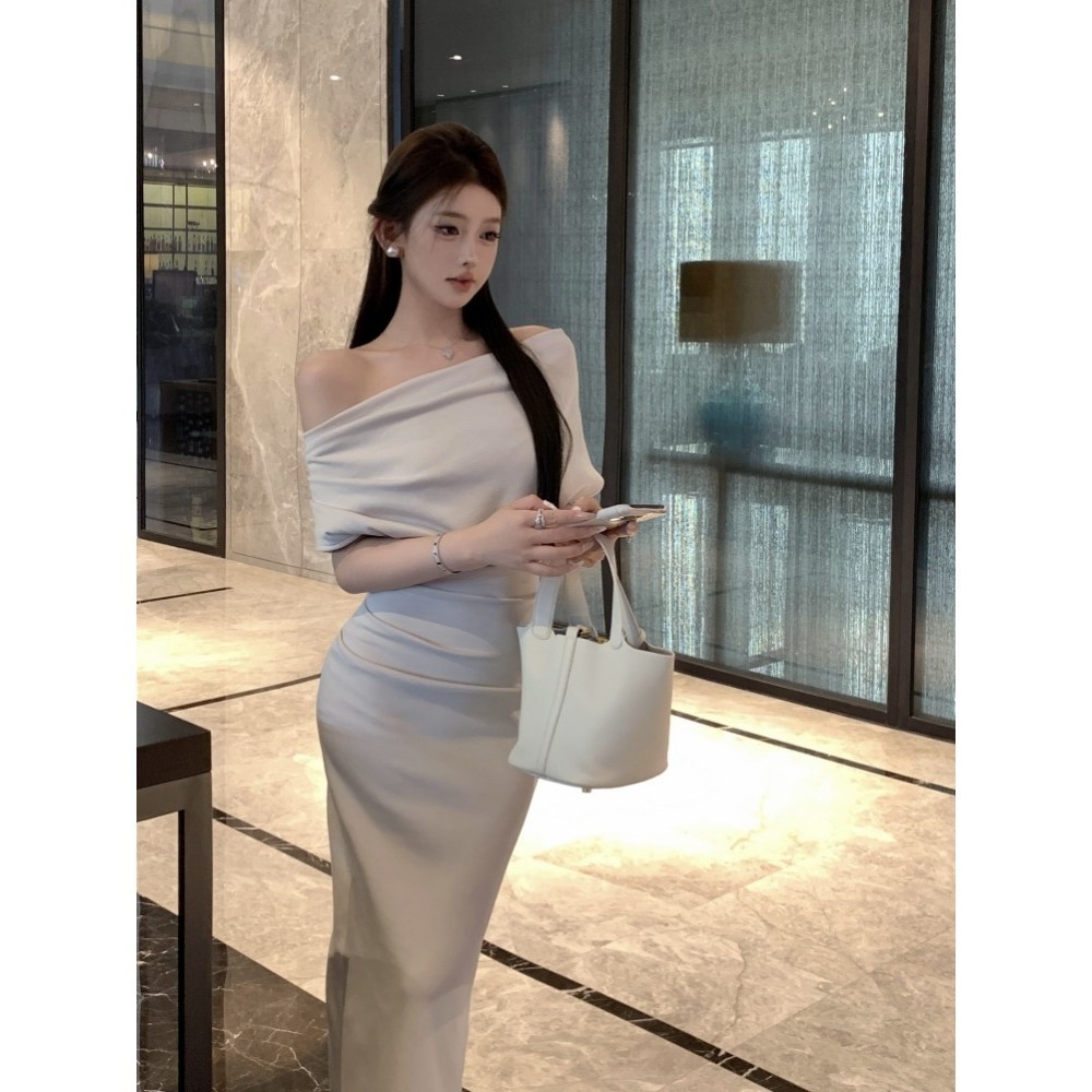 ที อารมณ์เซ็กซี่ข้ามไหล่แขนสั้นชุดฤดูร้อนสาวร้อนกระโปรงยาวสะโพก @