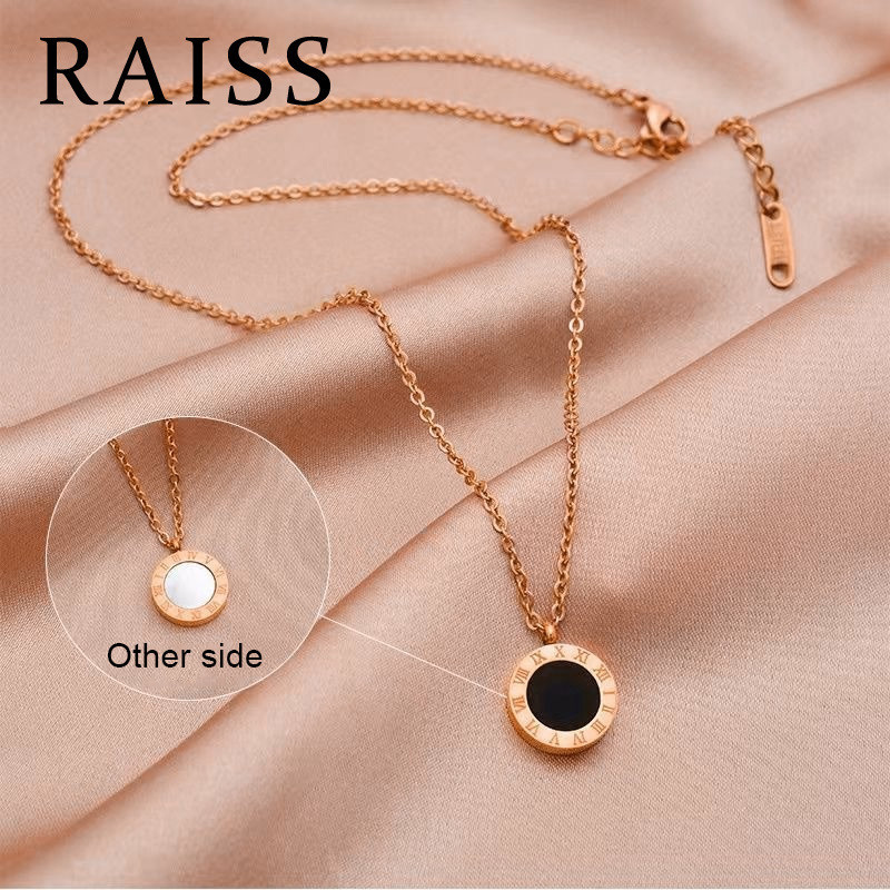 สร้อยคอไทเทเนียม ทรงกลม สีดํา คลาสสิก สีทอง 18k พร้อมตัวเลขโรมัน สําหรับผู้หญิง