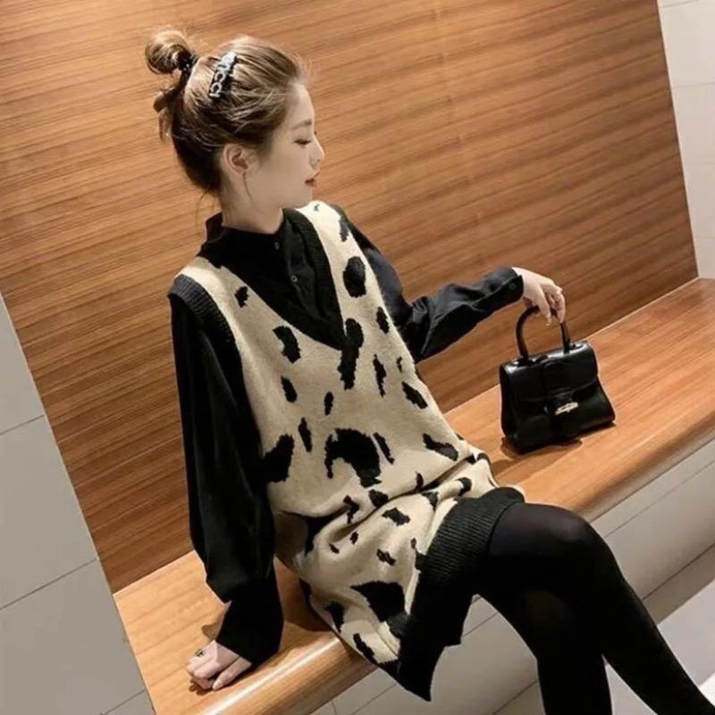 WOMAN KNIT LONG VEST LEOPARD WINTER AUTUMN OUTFIT