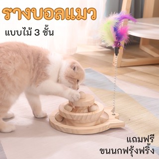KTCAT รางบอลแมว แบบไม้ 3 ชั้น ของเล่นแมว แถมฟรี ขนนกตกแมว ไม…
