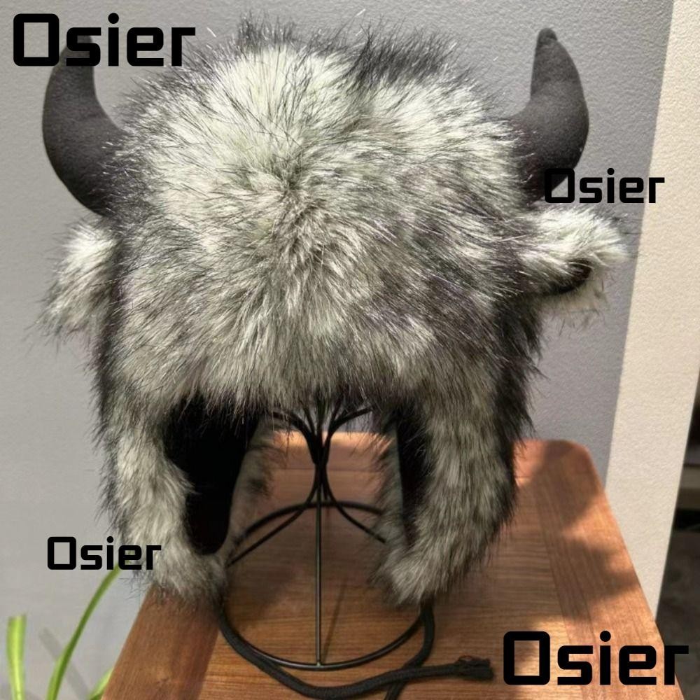 Osier1 หมวก Bison, พร้อมแตรหมวกตุ๊กตาหัววัวหนา, หมวกตลกปุยกันลมคุณภาพสูง