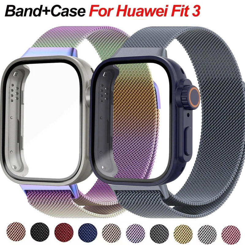 เคสหน้าจอแก้ว + ห่วงมิเลนseเข้ากันได้กับนาฬิกา Huawei Fit 3 สร้อยข้อมือแม่เหล็กสแตนเลสสําหรับ Huawei Watch Fit 3 เคสป้องกันหน้าจอ