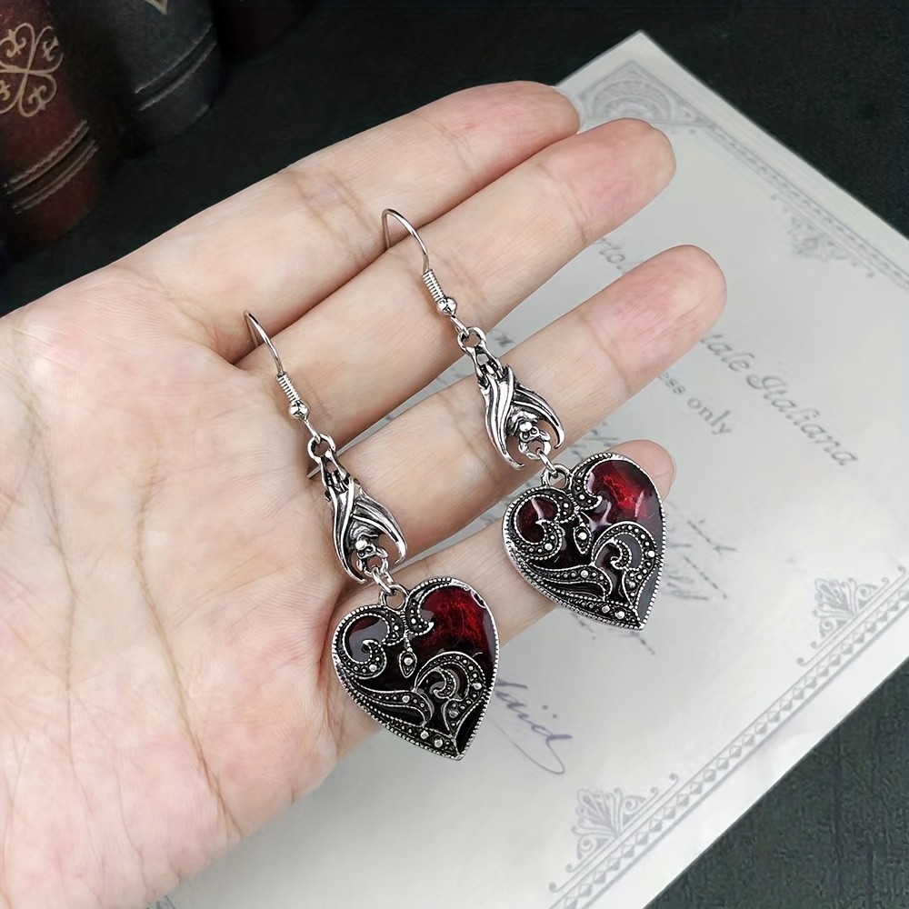 1 คู่ Retro Gothic ค้างคาวรูปหัวใจ Dangle ต่างหูของขวัญวันหยุด