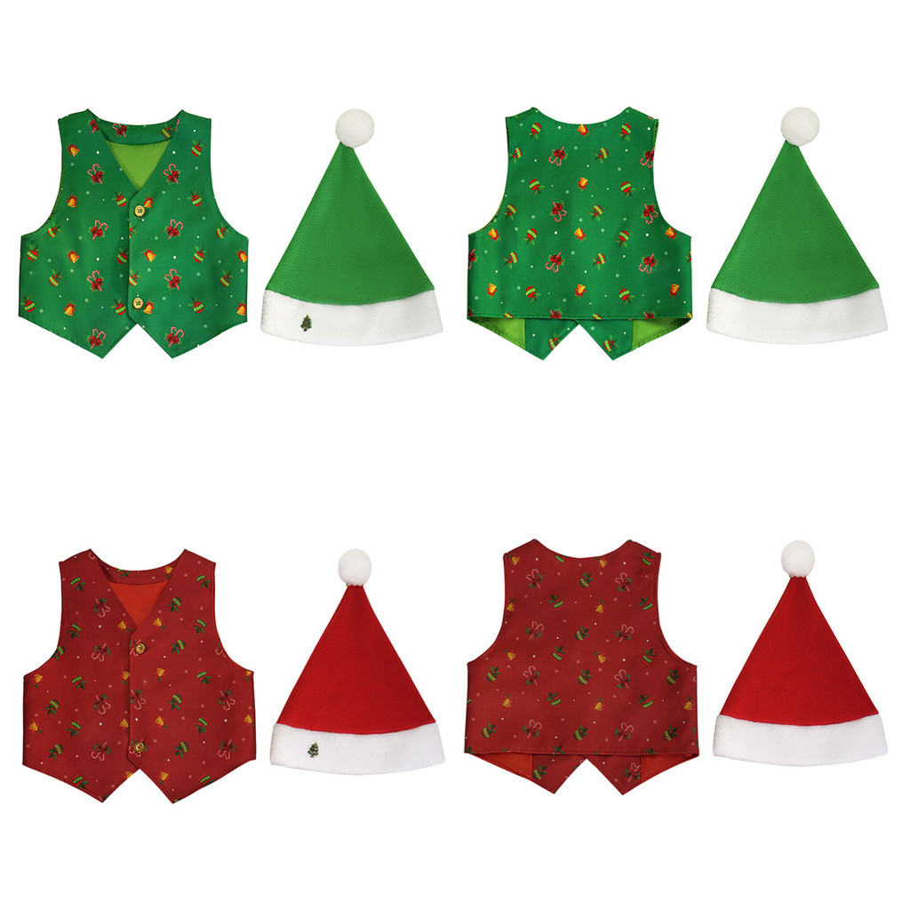 Cym Unisex เด็ก Xmas Elf Dress Up เครื่องแต่งกายชี้ Hem พิมพ์เสื้อกั๊กและน่ารัก Santa หมวกชุดสําหรับเทศกาลปาร์ตี้