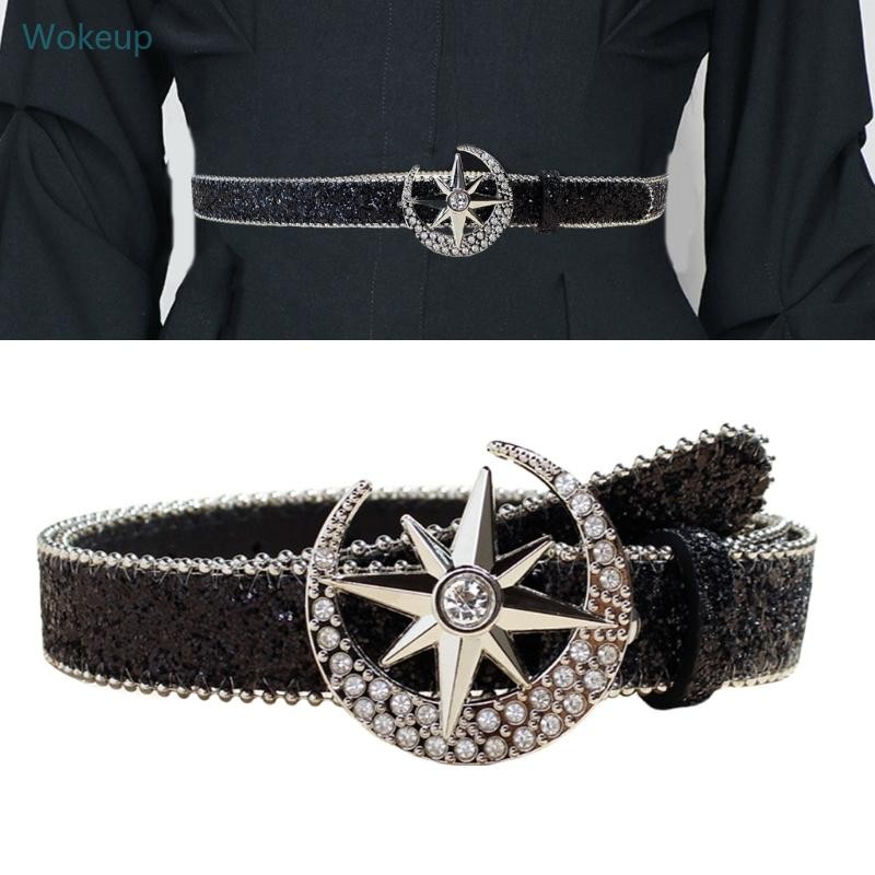 Wake Skinny Sequined เข็มขัดสําหรับผู้หญิงผู้ชายลูกปัด Trim Glittering คริสตัลหัวเข็มขัดเข็มขัดสําหรับกางเกงยีนส์กางเกงแฟชั่น Waistba
