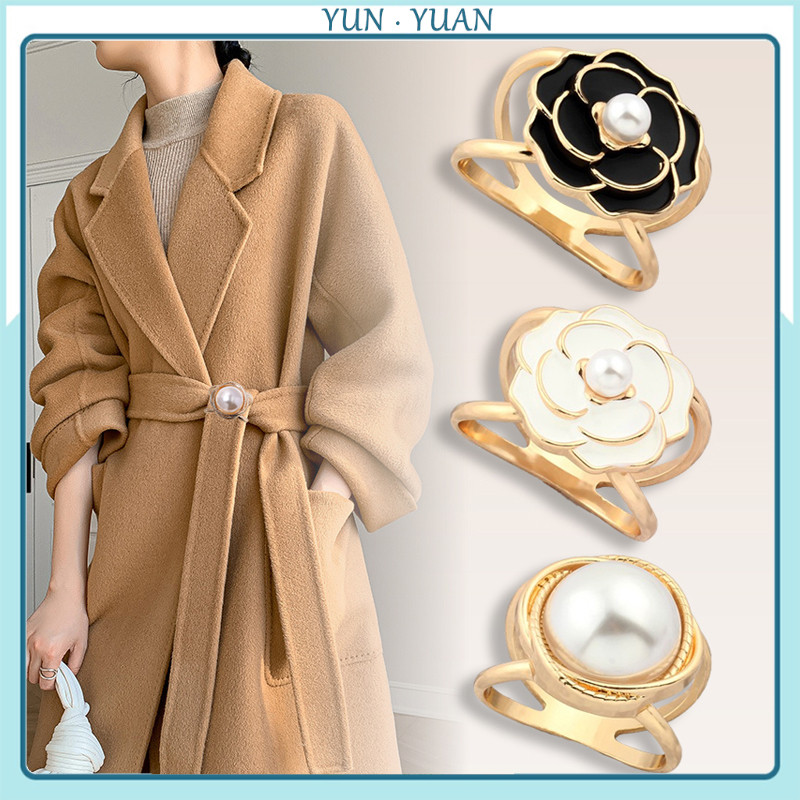 [YUNYUAN] ใหม่ Camellia ผ้าพันคอผ้าไหมหัวเข็มขัดพร้อมเสื้อผ้าพันคอสี่เหลี่ยมเล็ก Loop Coat เข็มขัดหัวเข็มขัดอเนกประสงค์