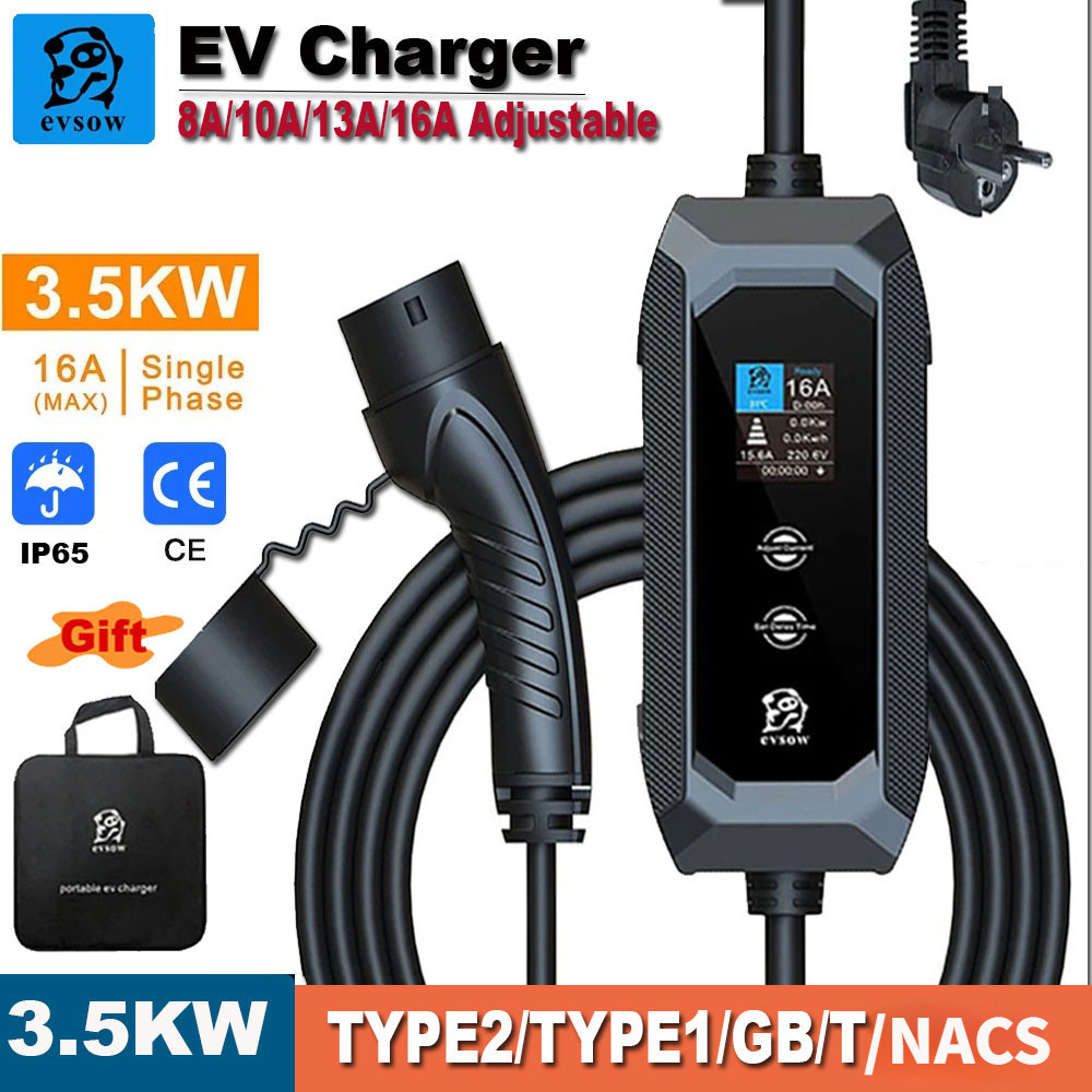 Evsow EV Charger 3.5KW 16A แบบพกพาไฟฟ้ารถสําหรับ GBT ประเภท 1 ประเภท 2 EV Charger Station Wallbox EVSE 3.5M EV สายชาร์จ
