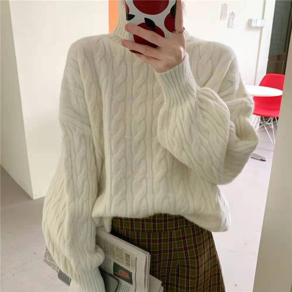 เสื้อสเวตเตอร์คอเต่าลายบิดสำหรับผู้หญิงฤดูใบไม้ร่วงและฤดูหนาวแบบใหม่ย้อนยุคหลวมสวมด้านนอกหนาเสื้อสเวตเตอร์ถักขนแกะ Oh Ma Huan bjct