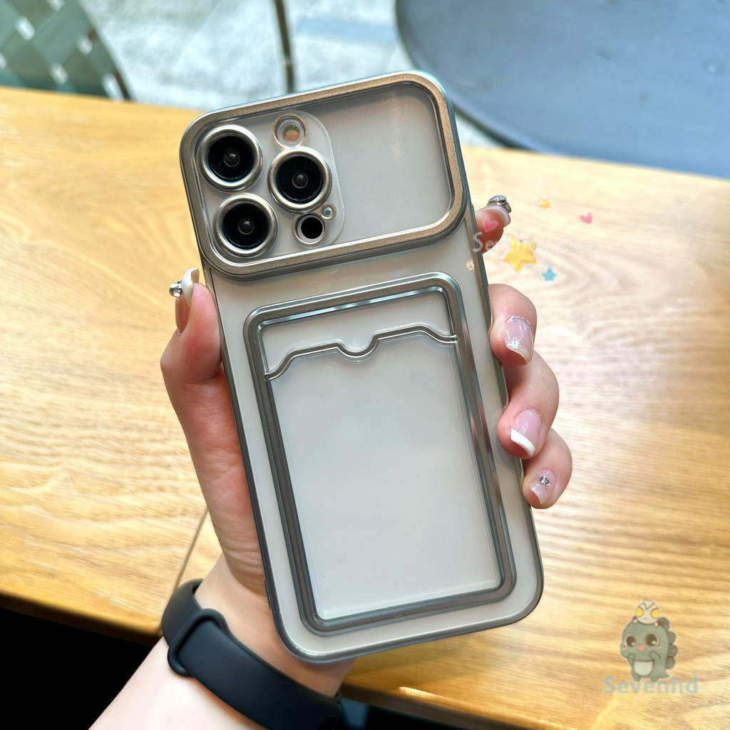 Simple Advanced Platedเคสโทรศัพท์หน้าต่างขนาดใหญ่พร้อมผู้ถือบัตรสําหรับiPhone 11 15 14 13 12 Pro Max Plus X XR Xs Max 6 7 8Plus INSแฟชั่นป้องกันปกอ่อน