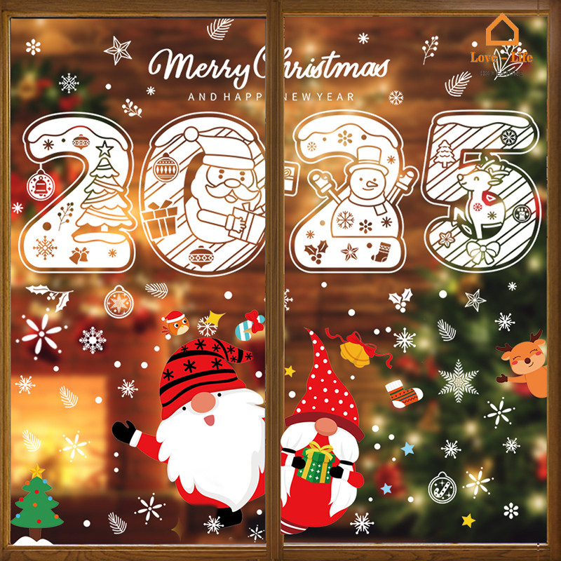 2025 Xmas Series การ์ตูน Snowman Elk ตกแต่งหน้าต่าง - DIY Christmas Party ฉากโรแมนติกเค้าโครงสติกเกอร์ซานตาคลอส