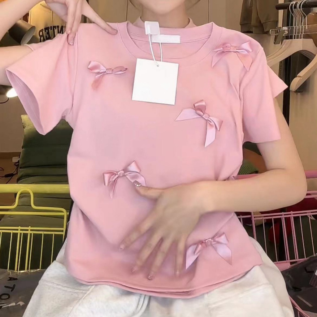 FYG ผู้หญิงเสื้อสไตล์น่ารัก ผู้หญิงสีทึบรอบคอสลิมฟิตเสื้อผ้าทุกวันหรือโรงเรียน เสื้อยืดแขนสั้นผู้หญิ