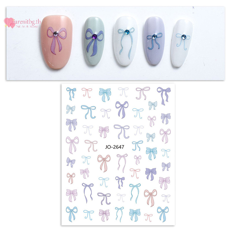 Renbg 1 ชิ้น 5D โบว์หวานเล็บสติกเกอร์ Kawaii สีชมพูสีดําสีขาวยาวริบบิ้น Bowknot Self กาวเล็บสติกเกอร์ตกแต่ง Decals DIY TH