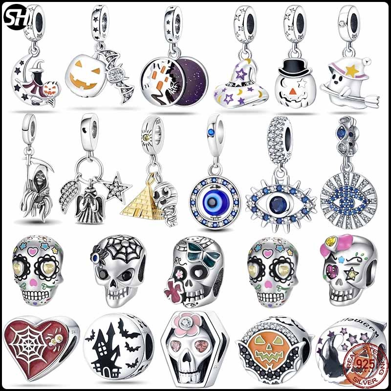 S925 เงินฮาโลวีน Skull Demon Ghost ค้างคาวจี้ Charms Fit สร้อยข้อมือเดิม  Charm สร้อยคอลูกปัด DIY เครื่องประดับหญิง