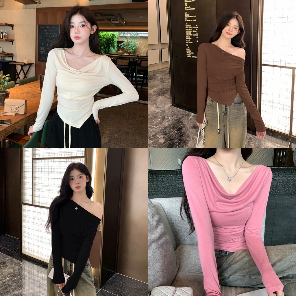 Evelyn เสื้อเปิดไหล่ไหมพรม แขนยาว สีพื้น น่ารักคิ้วๆดีเทลปลายเฉียง เสื้อปาดไหล่ข้างเดียว เข้ารูป สไตล์เกาหลี#MX059