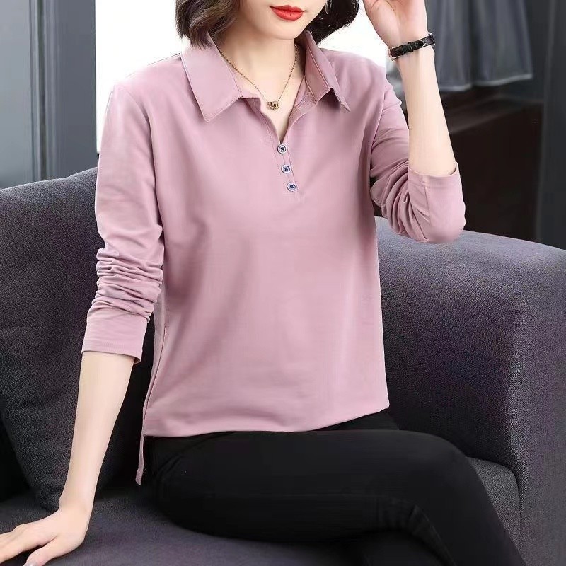 สไตล์ใหม่ขนาดใหญ่Lapelเสื้อยืดผู้หญิงแขนยาวเสื้อโปโลSlim-Fit SlimmerดูAll-Match Top Bottomingเสื้อ