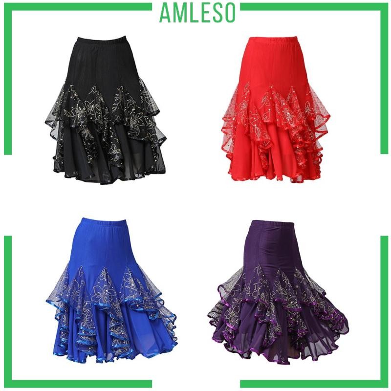 [Amleso] ผู้หญิง Ballroom Latin Tango กระโปรงเต้นรําชุดเลื่อมกระโปรงเต้นรํากระโปรงสะโพกจานชุดละตินเครื่องแต่งกาย