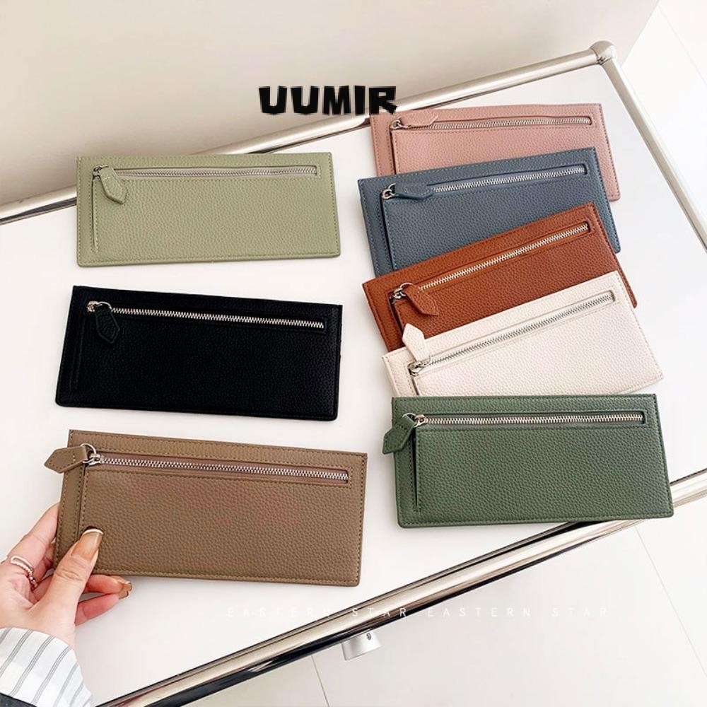 UUMIR กระเป๋าสตางค์ใบยาว,กระเป๋าเงินใส่เหรียญหนัง ปู่ สีทึบ,แฟชั่นบางเฉียบซิปกระเป๋าใส่บัตรหลายใบผู้หญิง