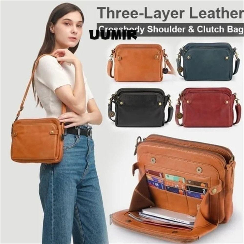 UUMIR กระเป๋าสะพายข้าง PU Leather Ladies Totes Satchel Large Capacity Three Layer Leather