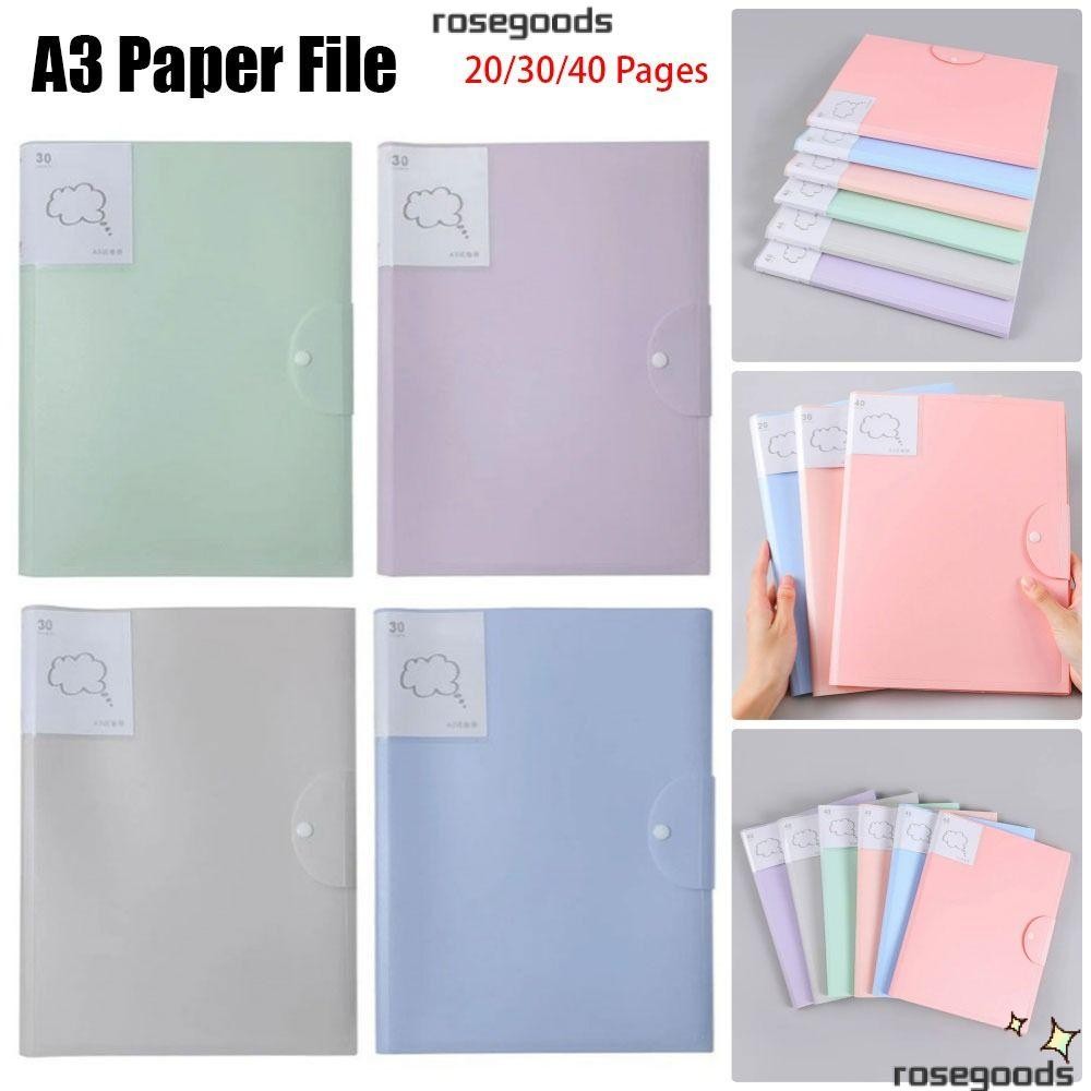 Rose 1 ชิ้น A3 แฟ้มกระดาษ, 20/30/40 หน้าอุปกรณ์สํานักงาน A3 กระเป๋าเอกสาร, เครื่องเขียนนักเรียนพลาสติกอัลบั้มรูป Art Work Collection Organizer