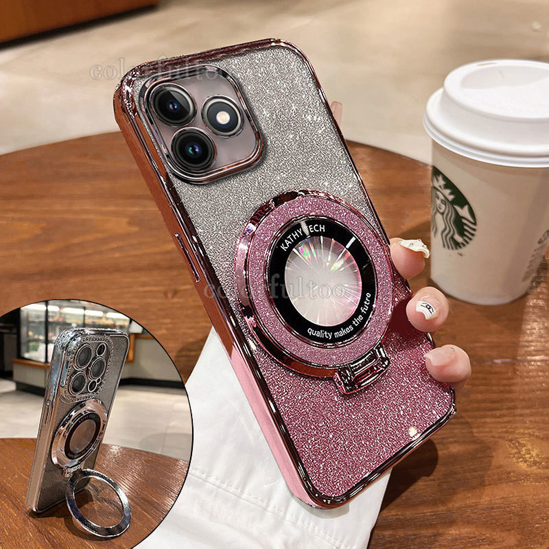 โปร่งใสglitter Blingนุ่มเคสโทรศัพท์สําหรับRealme C63 C61 C53 C51 RealmeC61 RealmeC63 4G TPUซิลิโคนกันกระแทกเกราะปลอกแหวนแม่เหล็กผู้ถือวงเล็บปกหลัง