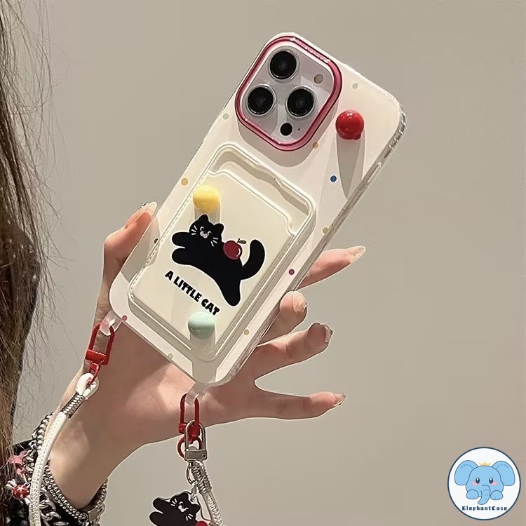 น่ารักแมวผลไม้สีดำกระเป๋าสตางค์บัตรเข้ากันได้กับ เคสไอโฟน 15 13 11 XR 14 12 Pro Max 7 15 8 14 Plus X XS Max SE 2020