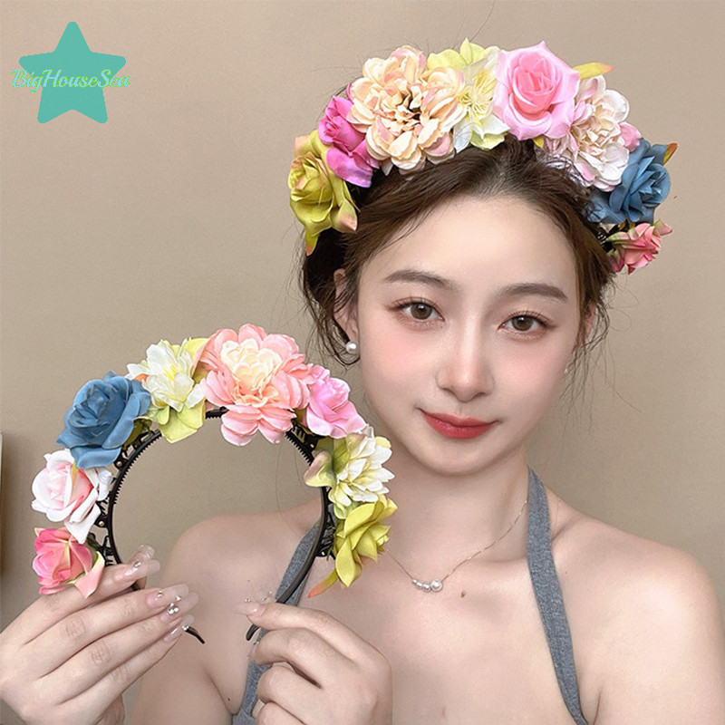 [BigHouseSea] พวงมาลัยดอกไม้สีสันสดใสผมหวาน Hoop เครื่องประดับผมเด็กดอกไม้จําลองดอกไม้ Headwear มงกุฎเจ้าสาวงานแต่งงานใหม่