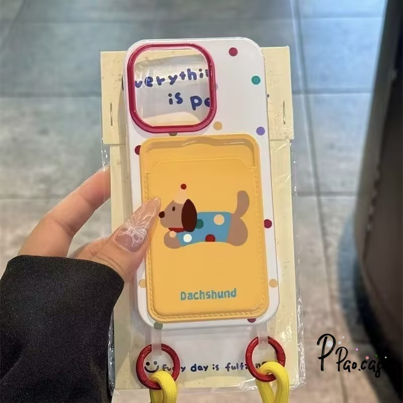 การ์ตูน Dachshund สองสายคล้องบัตรกระเป๋าสตางค์เข้ากันได้กับเคสไอโฟน 13 11 15 14 12 Pro Max 7 15 8 14 Plus XR X XS Max