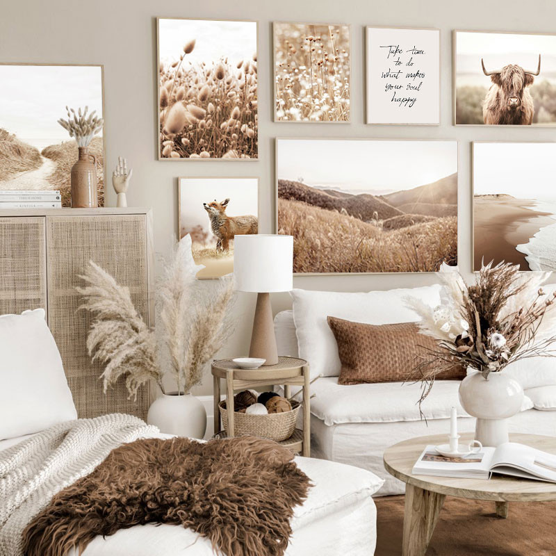 (พร้อมกรอบ) ภูมิทัศน์ Wall Art Highland Cattle Reed ภาพวาดผ้าใบ Nordic โปสเตอร์พิมพ์ภาพผนังสําหรับห้องนั่งเล่นตกแต่ง