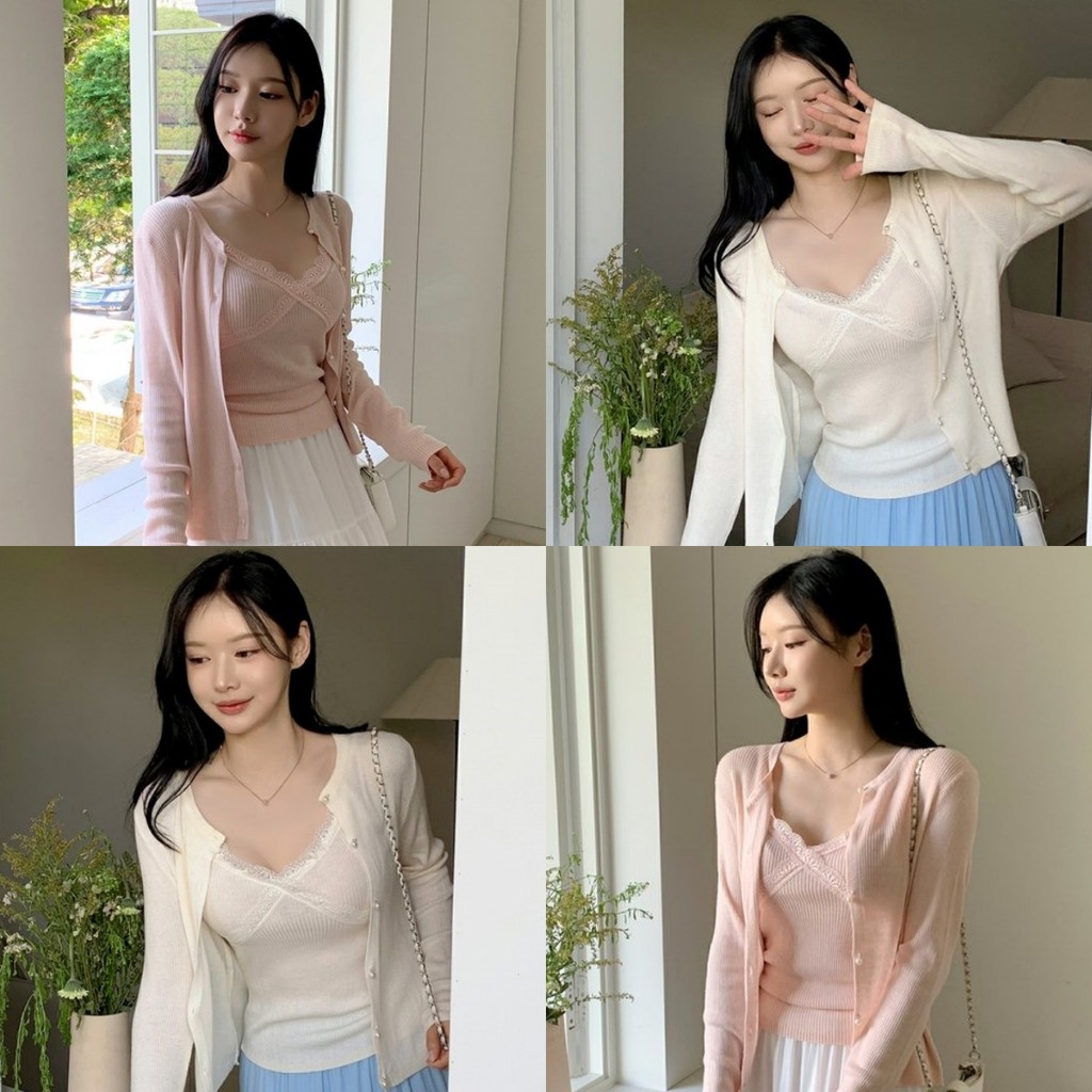 Soroh เสื้อสายเดี่ยว ไหมพรม+เสื้อคลุมแขนยาว สีพื้น แต่งลูกไม้ สไตล์ลำลอง เกาหลี น่ารักๆ #H037