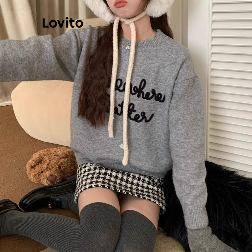 Lovito เสื้อสเวตเตอร์ลายสปอร์ตธรรมดาสำหรับผู้หญิง LNA79190