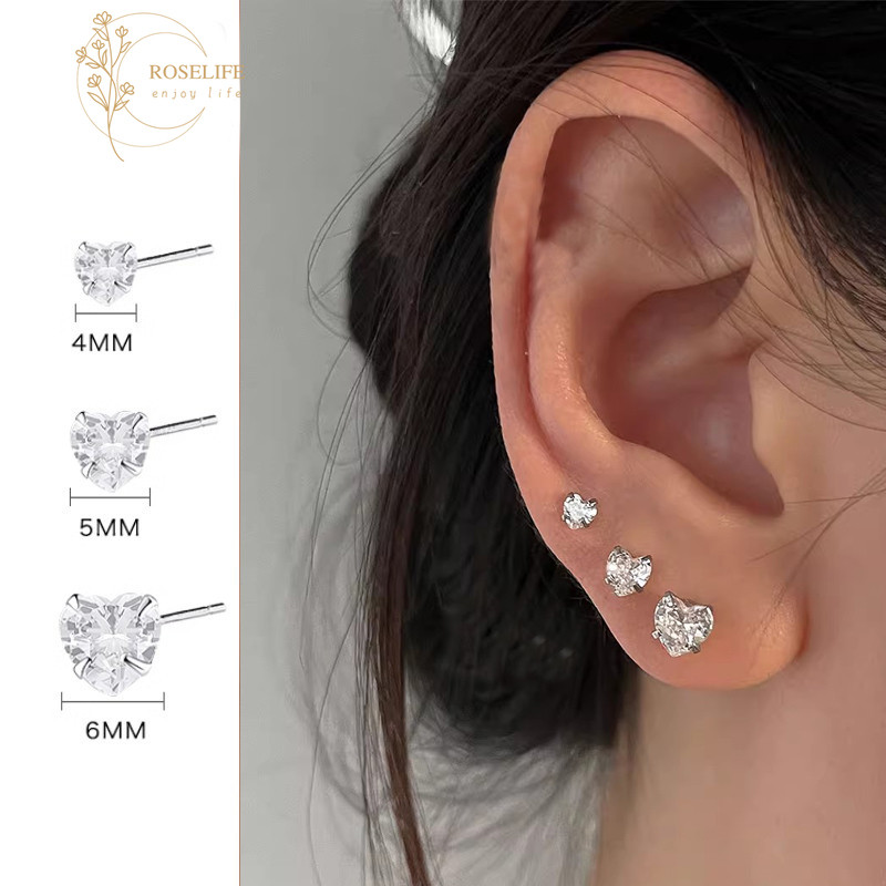 โรสไลฟ์ 1ชิ้นเกาหลีเงินใสคริสตัลหัวใจเจาะต่างหูสําหรับผู้หญิงสาวหมั้นอาหารค่ําพรรคหูกระดุมเครื่องประดับ