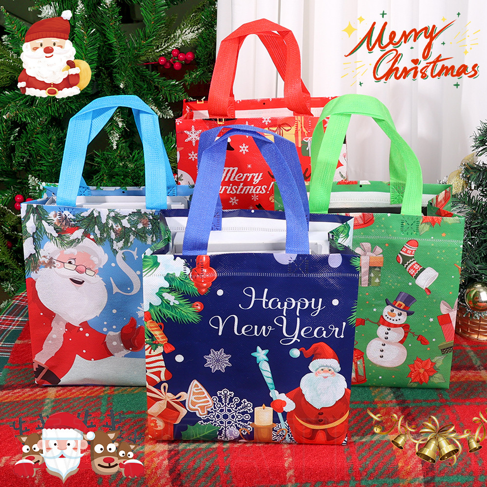 3 ชิ้น Santa Claus Snowman พิมพ์กระเป๋าถือ - กระเป๋าช้อปปิ้งความจุขนาดใหญ่ - กระเป๋าผ้าไม่ทอ - ลาย Elk Santa Claus กันน้ํา - คริสต์มาสปาร์ตี้นําเสนอห่อกระเป๋า