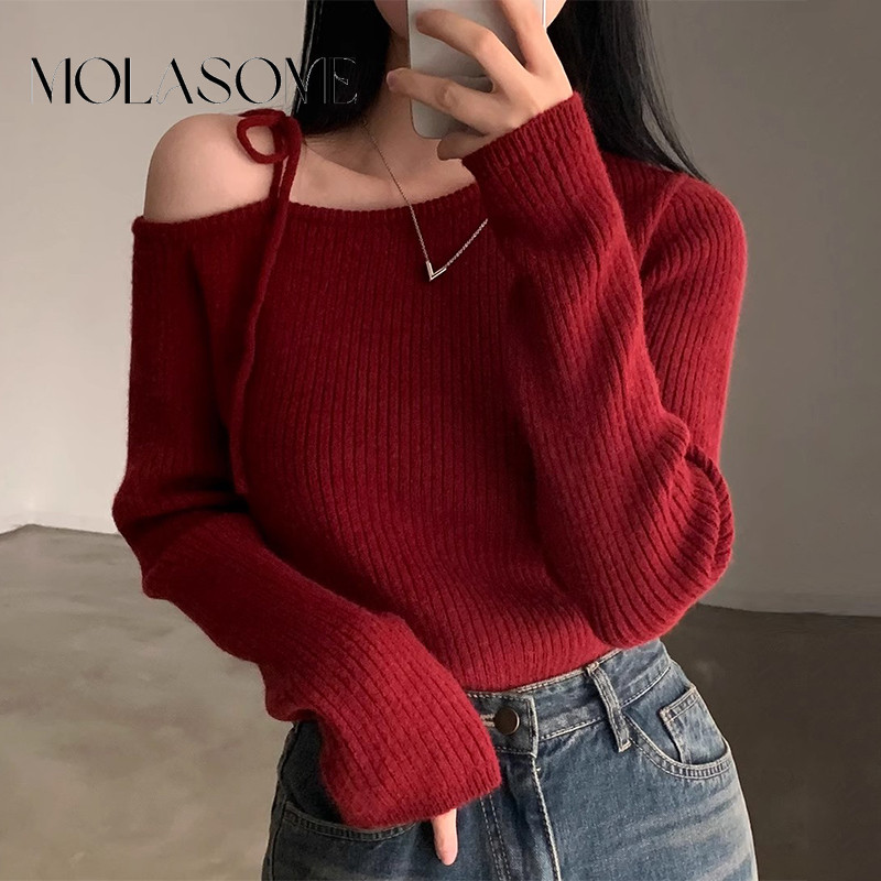 โมลาโซเมะ ผู้หญิงแฟชั่นการออกแบบใหม่เอียงไหล่ถักแขนยาวยืดทุกการแข่งขันเสื้อยืด