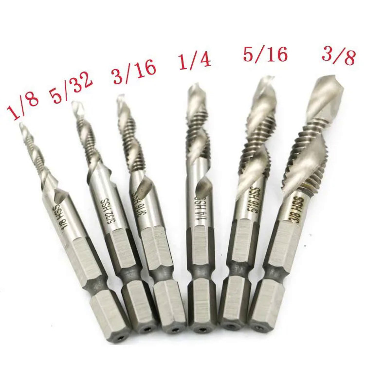 6pcs 1/8-3/8 Inch  Thread HSS Combination Drill Tap Bit Set 1/4 Inch Hex Shank Deburr Countersink Bi