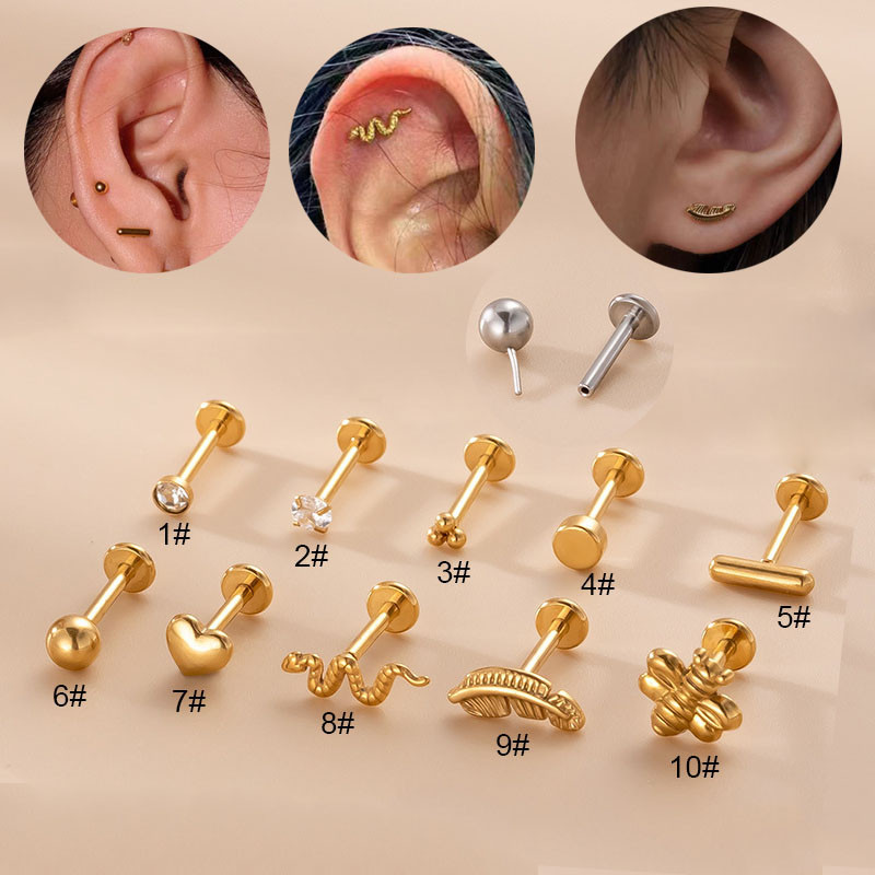 1 ชิ้นแบนกลับ Labret Monroe Tragus Helix กระดูกอ่อนบาร์ Studs ต่างหู Lip Studs 16Gauge สแตนเลส Love Leaf Feather ใส่เจาะเครื่องประดับ