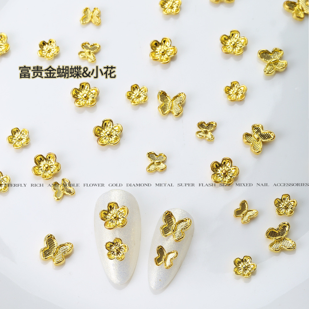 10ชิ้นสุทธิสีแดงระเบิดที่อุดมไปด้วยทอง-สีดอกไม้ เล็บ แสงหรูหราขนาดผีเสื้อดอกไม้โลหะผสมตกแต่งเล็บ
