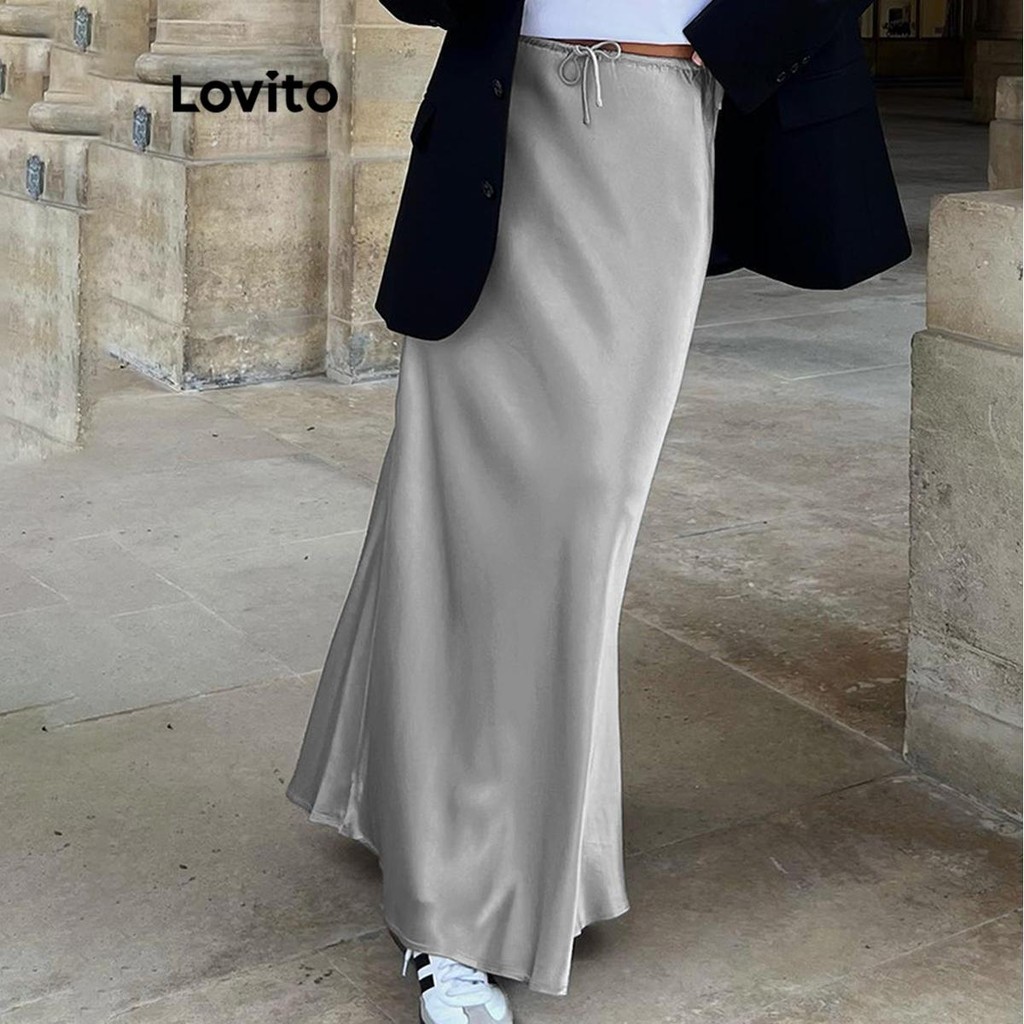 Lovito กระโปรงผู้หญิง ผูกเชือก สีพื้น สไตล์ลำลอง LNL67031