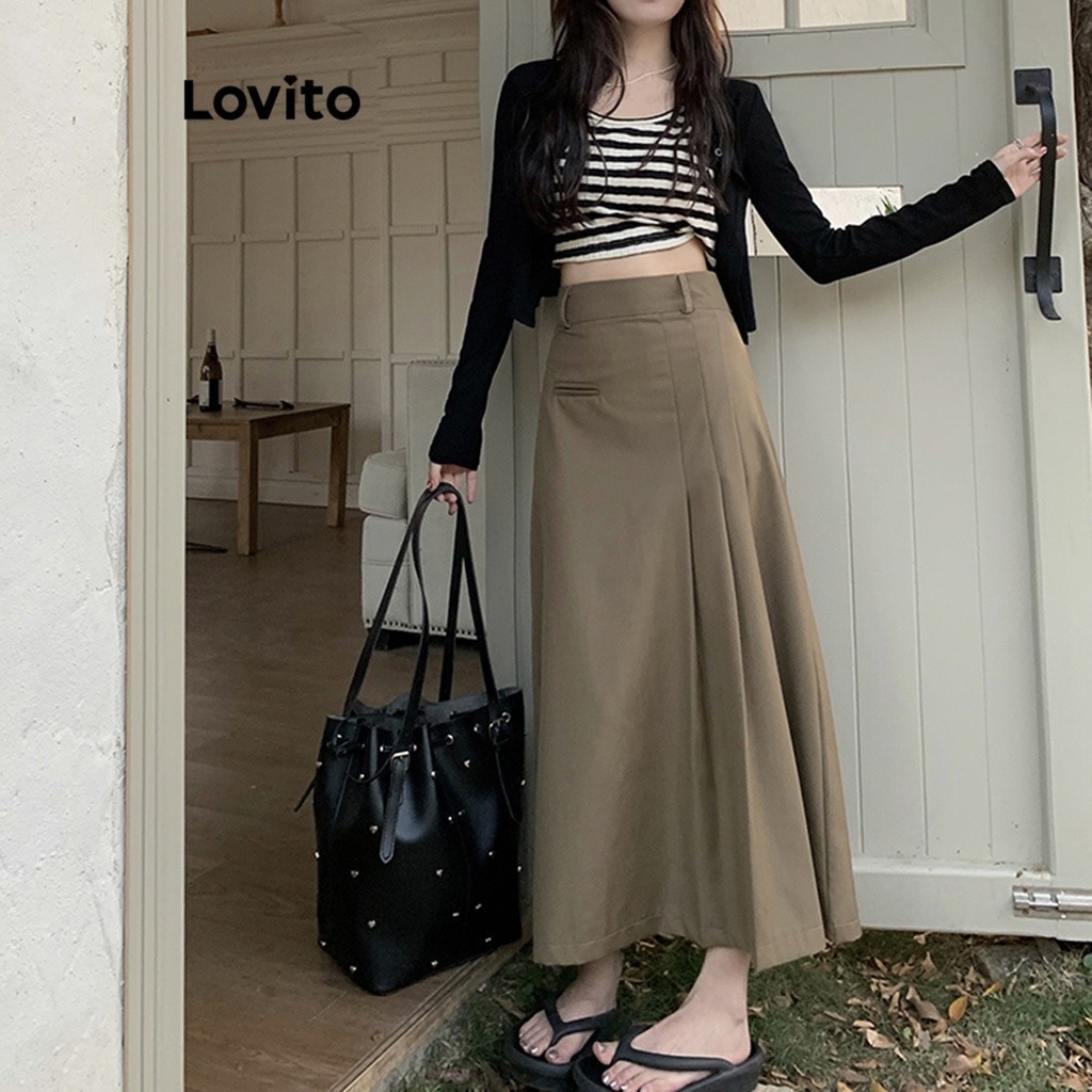 Lovito กระโปรงผู้หญิง ซิปรูด สีพื้น สไตล์ลำลอง LNE29107 (สีกากี/สีเทา/สีดำ)