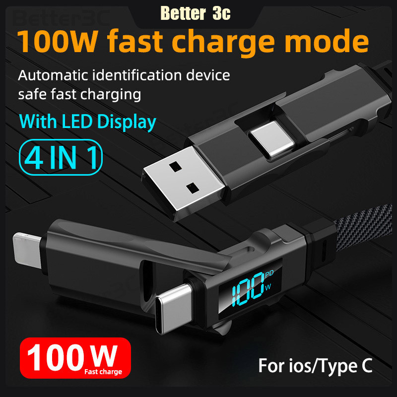 100w 4 in 1 จอแสดงผลดิจิตอล fast charging usb data cable สําหรับ ios/type c ไนลอนทอ Multi functional type c สายสนับสนุน 480Mbps อัตราการส่งข้อมูล